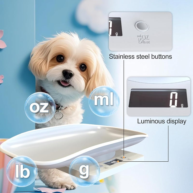 Kytree Digital Pet Scale for Small Animal, LED Display Puppy Whelping Scale with Tape Measure, Collar, Scissors for Newborn Pets, Cats, Dogs, Animals, Measures Up to 15kg, 11.4 * 7.1" (White) - Image 4
